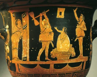Pugliansk krater med teaterscene, karikatur av Helenas fødsel i egg, tilskrevet Dijon-maleren, rødfigurkeramikk, detalj, fra Bari, Puglia, Italia, antikkens greske sivilisasjon, Magna Graecia, 4. århundre f.Kr.