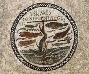 Mosaikk med anker omgitt av fisk, symbol på Kristus og hans tilhengere, katakombene i Sousse, Tunisia, tidlig kristen periode, 4. århundre