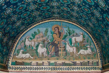 Den gode hyrde. Mosaikk i lunetten over inngangsdøren til Galla Placidias mausoleum, ca. 425