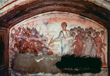 Paleokristen kunst, antikkens Roma: Overgangen over Rødehavet. Freske fra katakomben ved Via Latina i Roma. 4. århundre.