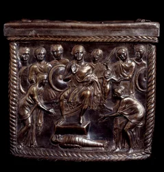 Paleochristian Art: Sølv relikvieskrin kjent som Capsella de San Nazaro (sølv relikvieskrin av st Nazaro) - 370-397 apres JC Milan, Tesoro del Duomo Italia