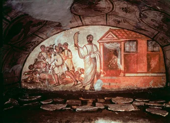 Tidlig kristen kunst (det antikke Romas periode): Samson, bevæpnet med en eselkjeve, massakrerer de 1000 filisterne. Freske fra katakomben ved Via Latina i Roma. 4. århundre. Tidlig kristen kunst. Samson slår filisterne med en eselkjeve. Freske