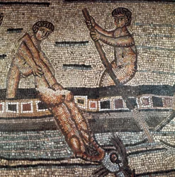 Scene fra Jonas sitt liv representerer svaler av en fisk Detalj. Mosaikk fra det 5. eller 6. århundre. Cathedrale d'Aquileia, Italia