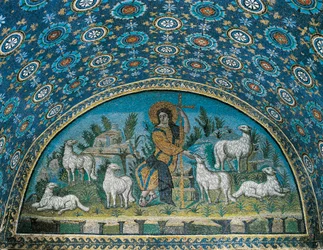 Den gode hyrde, mosaikk i lunetten over inngangsdøren til Galla Placidias mausoleum, ca. 425