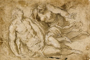 Venus oppdager den døde Adonis (svart kritt, penn og brunt blekk på papir)