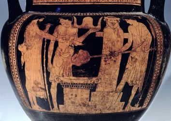 Loftkrater med rød figur, detalj, dekorert med en scene av Vulcans smie, 500-tallet f.Kr. (keramikk)