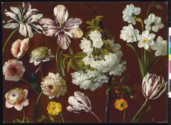 Lilla tulipaner, hvitblomstrende prunus, narcissus og rosa krysantemum (olje på papir)
