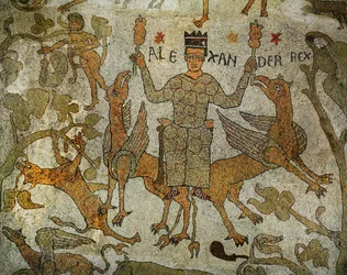Aleksander den store på en trone støttet (mosaikk)