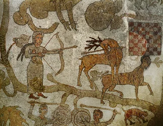 Gudinnen Diana som dreper en hjort; fra mosaikkgulvet i katedralen i Otranto, Sør-Italia (mosaikk)
