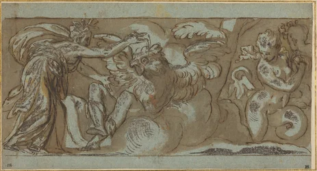 Ceres forvandler Ascalaphus til en fugl av ondt omen (penn og brunt blekk med brun vask forhøyet med hvitt på blått papir)