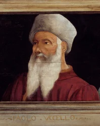 Cassone med 5 portretter av mesteren fra den florentinske renessansen med portrettet av Paolo di Dono (1397-1475) kalt Paolo Uccello. Inskripsjonen nedenfor er sannsynligvis suksessiv. Musee du Louvre, Paris - Cassone-panel med fem portretter o