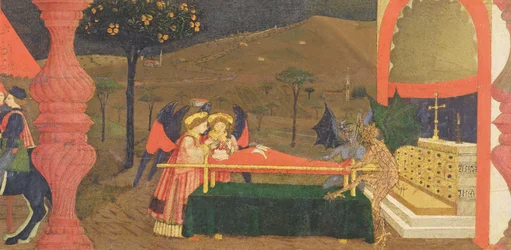 Predella om vanhelligelsen av hostien: liket av den jødiske pantelåneren voktet av engler og djevler, ca. 1468 (detalj)