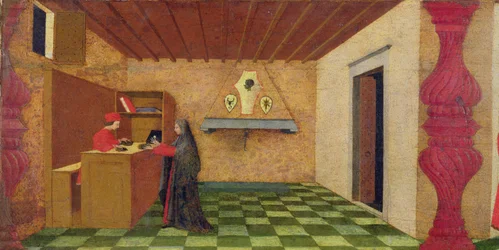 Predella om vanhelligelsen av hostien: den kristne kvinnen som av en jødisk pantelåner tvinges til å løse inn kappen sin mot den innviede hostien, ca. 1467-69 (detalj)