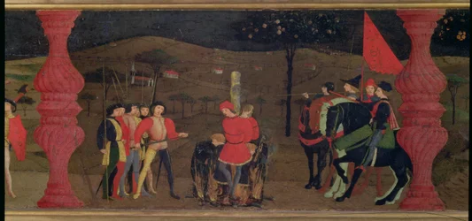 Predella om vanhelligelsen av hostien: den jødiske pantelåneren og familien hans brent på bålet for å ha stekt den innviede hostien, ca. 1468 (detalj)