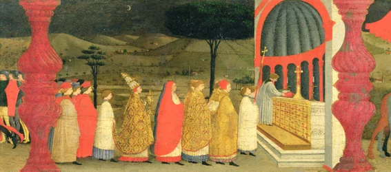 Predella om vanhelligelsen av hostien: Paven bringer den konsekrerte hostien tilbake til alteret, ca. 1468 (detalj)