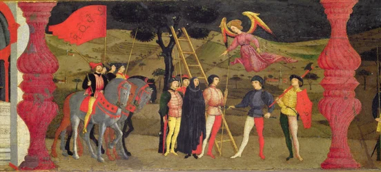 Predella til vanhelligelsen av hostien: Den angrende kristne kvinnen blir hengt for å ha pantsatt den innviede hostien, ca. 1468 (detalj)