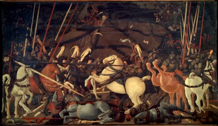 Deroute de San Romano (slaget ved San Romano) i 1432. Tredje episode: Bernardino della Ciardas nederlag. Maleri av Paolo di Dono Dit Paolo Uccello (1397-1475)