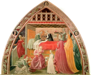Jomfruens fødsel. Jordmødrene tar seg av den nye mens en tjener vasker hendene på Jomfruen. Maleri av Paolo Uccello (Paolo di Dono detto
