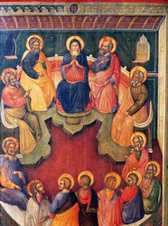 Jomfruen omgitt av tolv apostler eller pinse, av Paolo Veneziano (aktiv 1333-1358)