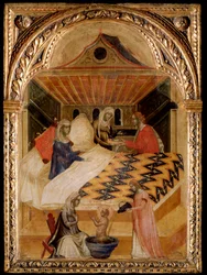 Fødselen til St Nicholas of Myra - olje på panel