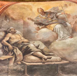 Fresker av Paolo de Matteis datert 1714 på hvelvet og på trommen, som skildrer helgenens liv, kapellet San Cataldo i katedralen, Taranto, Italia (foto)
