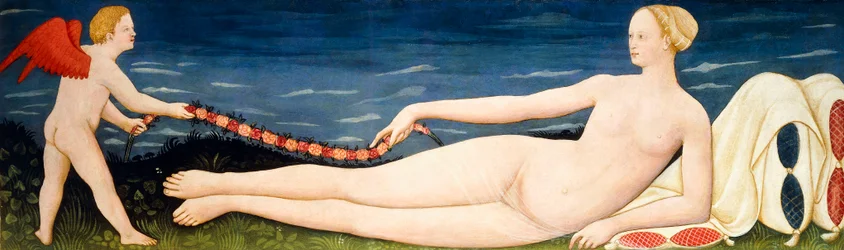 Venus på puter holder en krans av blomster med en putto,