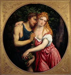 Daphnis og Chloe. Mytologisk representasjon av et par. Maleri av Paris Bordon eller Bordone (1500-1571)
