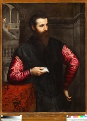 Portrett av en adelsmann med røde ermer - Maleri av Paris Bordon eller Bordone (1500-1571) Genes Musei di Strada Nuova inv n 43
