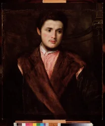 Portrett av en ung mann iført pels Maleri av Paris Bordon (1500-1571) 1500-tallet Dim 75x64 cm Genes Musei di Strada Nuova (ex Palazzo Rosso)