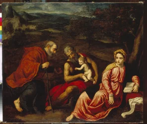 Hvil på flyturen til Egypt. Maleri av Paris Bordone (1500-1571), olje på lerret