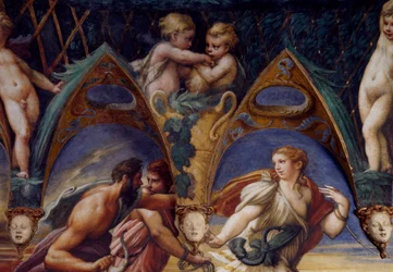 Actaeon med hans ledsagere, detalj fra Myth of Diana and Actaeon, rundt 1524, av Francesco Mazzola, kjent som Parmigianino (1503-1540), freskomaleri, Room of Diana and Actaeon, Rocca Sanvitale, Fontanellato, nær Parma, Emilia-Romagna, Italia