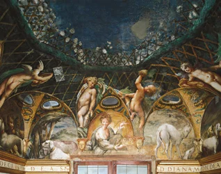Ceres deltar på arrangementer omgitt av jakthunder og kjeruber, fra Myth of Diana and Actaeon