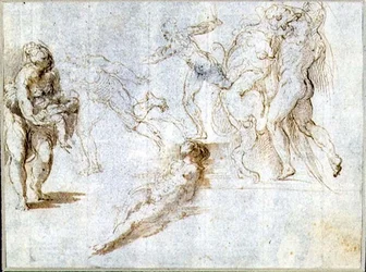 Figurstudier: Kvinne som holder en baby; Mann forfulgt av en annen; Naken kvinne som ligger på bakken; Hercules and the Nemean Lion (brunt blekk og vask på papir)
