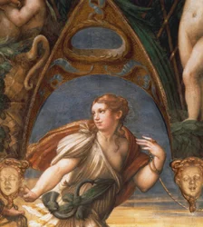 Nymfen beslaglagt av pastoren, av Francesco Mazzola, kjent som Parmigianino (1503-1540), freskomaleri. Detalj. Rocca Sanvitale, Fontanellato, Emilia Romagna.
