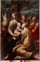 Madonna med barnet, den hellige Margareta, den hellige Mikael, den hellige Hieronymus og den hellige Petronius (Petrone, Petronius). Maleri av Francesco Mazzola, kalt Il Parmigianino eller Parmesaneren (1503-1540), 1528-1529. Mål: 222 x 147 cm. Bologna