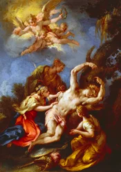 Saint Sebastian deltatt av Holy Women, av Michele Rocca også kjent som il Parmigianino, olje på lerret, 48x37 cm
