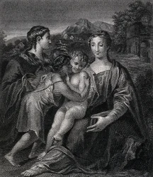 Den hellige Maria (den velsignede jomfru) med Kristusbarnet, den hellige Johannes Døperen og den hellige Maria Magdalena. Gravering etter G.F.M. Mazzola, il Parmigianino.