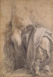 Sittende semi-naken kvinne med draperi, 1520-1540