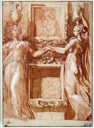 To kaneforer som gir hånden, på begge sider av boksene Tegning i blekk, vask, blod og hvite klaffer av Girolamo Francesco Maria Mazzola dit Parmigianino eller Le Parmesan
