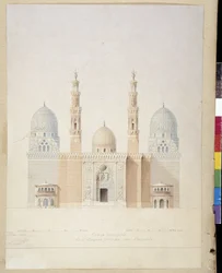 Arkitektur: hovedfasadeprosjektet til moskeen i Alexandria. Egypt. Tegning av Pascal Coste (1787-1879)