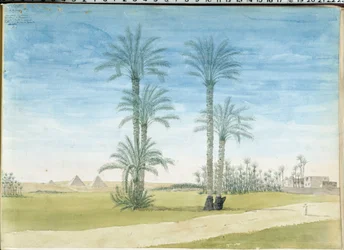 Egypt: "" Pyramids of Gyze (Guizeh, Guiseh, Giza) Tegning av Pascal Coste (1787-1879) Museum of Mediterranean Archaeology, Marseille