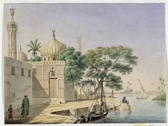 Utsikt over en moské ved vannet. Egypt. Tegning av Pascal Coste (1787-1879) Museum of Mediterranean Archaeology, Marseille