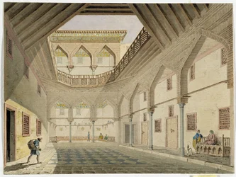 Utsikt over det indre av en caravanserail, hjemmet til Azir Osman Agha. Akvarell av Pascal Coste (1787–1879) Museum of Mediterranean Archaeology, Marseille