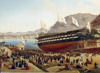 Sjøsettingen av skipet Monarca i Castellammare-arsenalet i Napoli i 1854, detalj. 19. århundre, Napoli, Museo Nazionale di San Martino