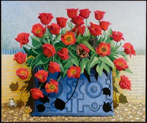 Getting There, 2011 (akryl på kaliko) blomster; tulipaner; stilleben; vinduskasse; padde; frosk; sommerfugler;