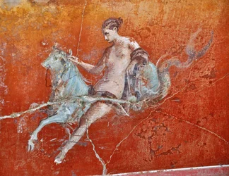 Oplontis, nær Napoli, Italia (Napoli, Italia): veggmalerier i Villa Poppaea - detalj av romersk freske, mytologisk scene bortføringen av Europa - Romersk kunst - Foto Patrice Cartier -