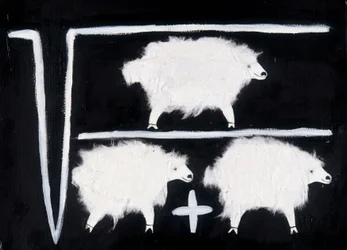 Kloning: Et matematisk symbol som representerer beregninger med kvadratrot, divisjon og addisjon, med en sau brukt som forsøksdyr. Kollasj av hvit bomull på svart bakgrunn.