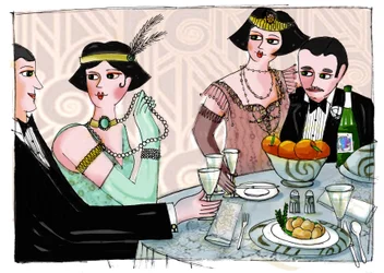Illustrasjon som viser en verdslig middag i «Gatsby the Magnificent» av den amerikanske forfatteren Francis Scott Fitzgerald (1896–1940) (Den store Gatsby). Tegning av Patrizia Laporta.