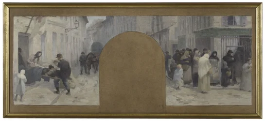 Skisse til Hôtel de Ville de Paris, prefektens kontor: Transport av sårede til ambulansen. Køer foran en butikk under beleiringen av Paris i 1870