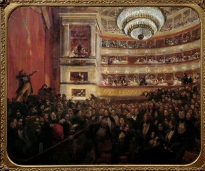 Premiere på Hernani Premiere representasjon av stykket "" Hernani"" av Victor Hugo (1802-1885) på Comedie Francaise 25.02.1830. Maleri av Paul Albert Besnard (1849-1934) 1800-tallets søn. 1,05x1,22 m Paris, hus Victor Hugo